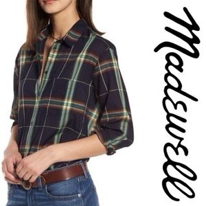 Madewell NWT Oversize Ex-Boyfriend Plaid Button Down in Navy/Jade Green Size XS
